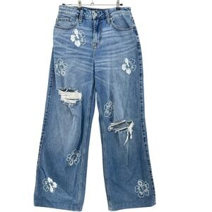 Hollister High Rise Baggy Jeans Womens 26x28 Light Wash Hibiscus Floral Y2K Boho